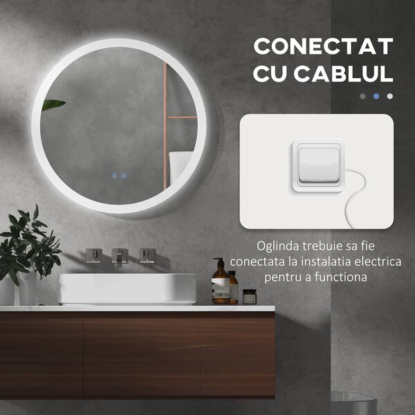 Kleankin Oglindă Rotundă LED pentru Baie, Reglabilă, 3 Temperaturi de Culoare, Anti-Ceță, 70cm | Aosom Romania