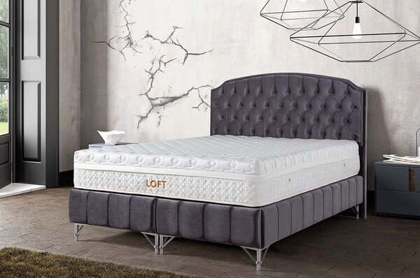 Pat LOFT 160x200, stofa catifelata albastru inchis - Luna 19, cu somie