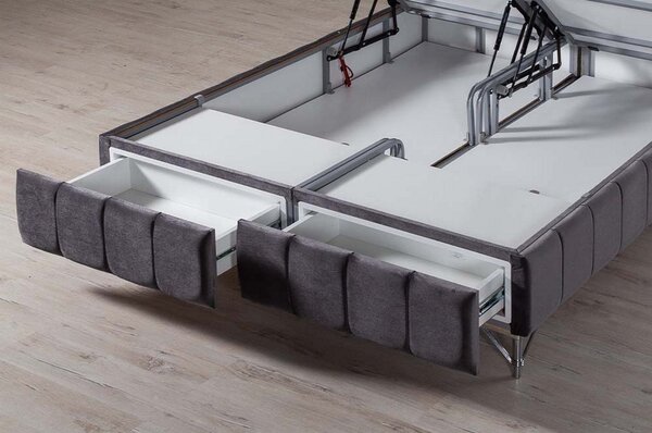 Pat LOFT 160x200, stofa catifelata albastru inchis - Luna 19, cu somie