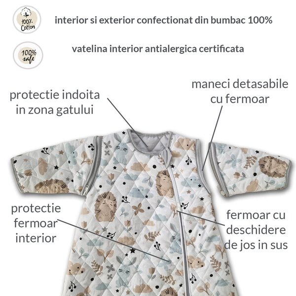 Sac de dormit copii matlasat cu maneci detasabile 1,5 tog Kidizi Hedgy Pals