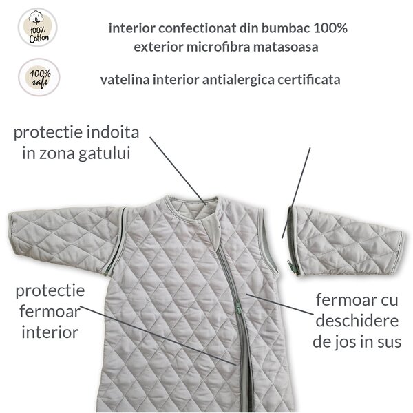 Sac de dormit copii matlasat cu maneci detasabile All Grey Kidizi 1.5 tog