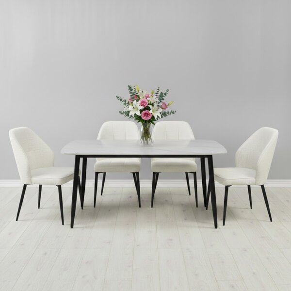 Set Masă Atlas Marble Albă cu 4 Scaune Velto Crem, Blat din Piatră Sinterizată, 120 × 77,5 × 72 cm