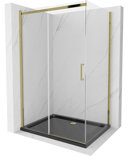 Mexen Omega, cabină de duș cu ușă glisantă 100 (uşă) x 80 (perete) cm, sticlă transparentă 8mm, profil auriu + cadă de duș subțire neagră + sifon aur…