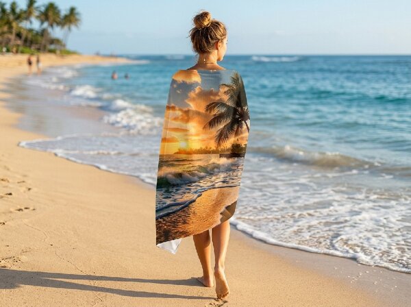 Prosop de plaja cu uscare rapida SUNSETA colorat 70 x 140 cm, 100% microfibra
