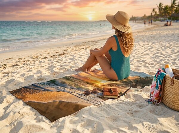 Prosop de plaja cu uscare rapida SUNSETA colorat 70 x 140 cm, 100% microfibra
