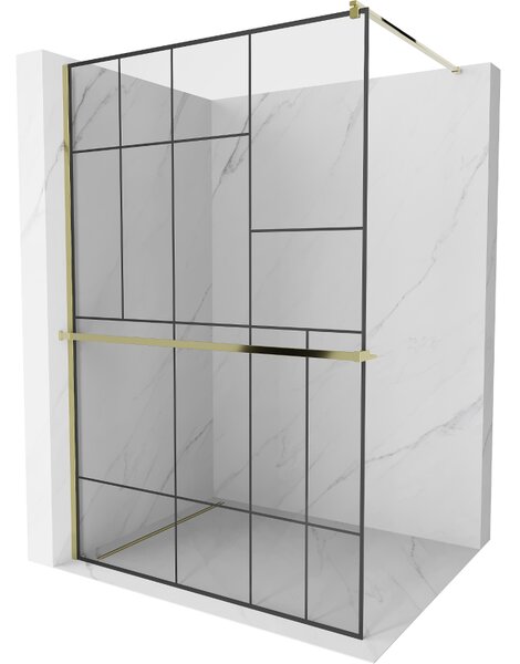 Mexen Kioto+, paravan de duș cu poliță și suport pentru prosoape 80 x 200 cm, sticlă transparentă 8 mm model negru, profil auriu, 800-080-121-50-78