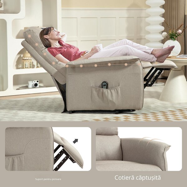 HOMCOM Scaun Electric Rabatabil cu Taburet, Fotoliu Relax cu Telecomandă, Roți și Buzunar, 66x90x96 cm, Bej | Aosom Romania