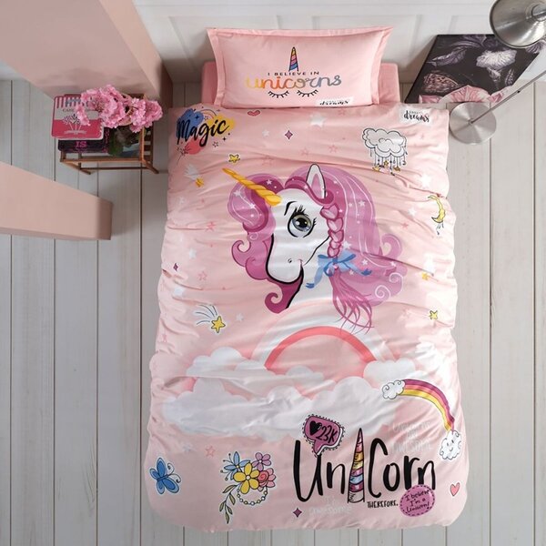 Lenjerie pat 1 persoana cu unicorn, bumbac 100% ranforce, Pucioasa, Pink Dreams