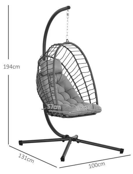 Outsunny Scaun Balansoar pentru Exterior cu Pernă Căptușită, Scaun Suspendat cu Coș Pliabil și Suport Metalic, 100x131x194 cm, Gri | Aosom Romania