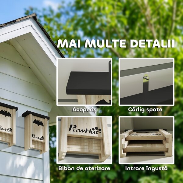 PawHut Set de 3 Căsuțe pentru Lilieci din Lemn de Brad, 18x6x22.5 cm, Lemn Natural | Aosom Romania