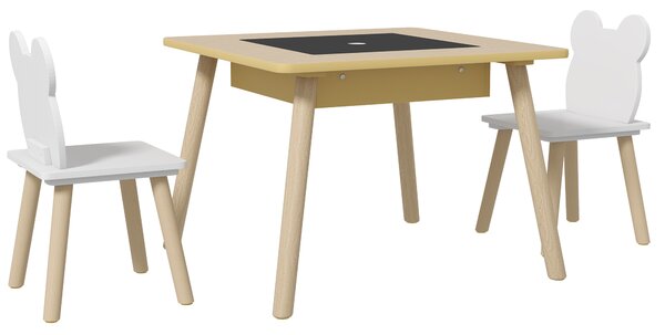 AIYAPLAY Set Masă și 2 Scaune pentru Copii 3-6 ani, cu Tablă de Scris și Loc de Depozitare, 60x60x44 cm, Lemn Natural | Aosom Romania