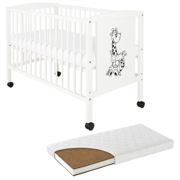 Patut din lemn masiv 120x60 cm Bria alb cu roti si saltea cocos LUX 120x60x12 cm, reglabil pe 3 nivele, certificat EN71