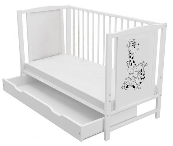 Patut din lemn masiv 120x60 cm Bria alb cu sertar, roti si saltea cocos LUX 120x60x12 cm, reglabil pe 3 nivele, certificat EN71