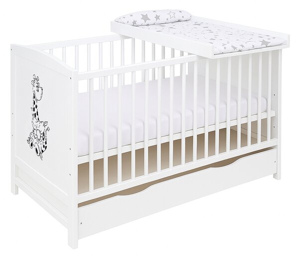 Patut din lemn masiv 120x60 cm Bria alb cu sertar, masuta infasat din lemn si salteluta bumbac impermeabila incluse, reglabil pe 3 nivele, certificat EN71