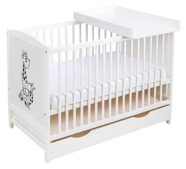 Patut din lemn masiv 120x60 cm Bria alb cu sertar, masuta infasat din lemn inclusa, reglabil pe 3 nivele, certificat EN71