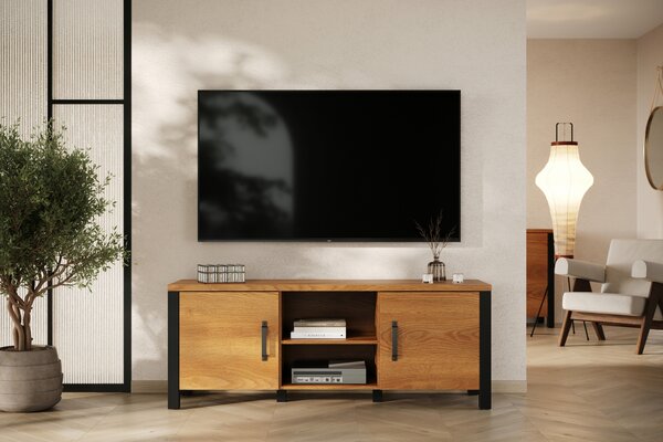 Comodă TV Olin 41 147 cm cu nișe - stejar caramel / negru supermat