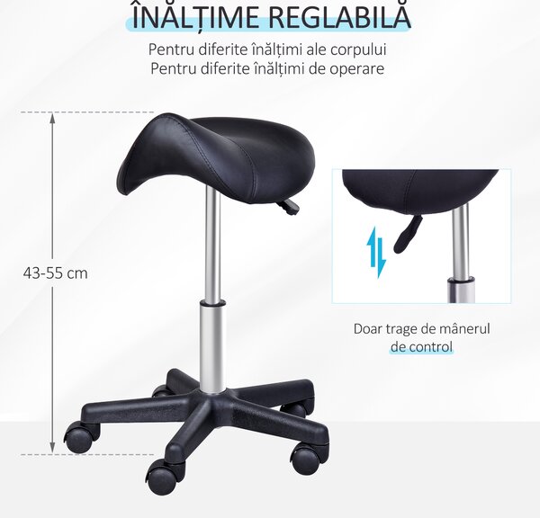 HOMCOM Scaun Rotativ cu Roți, Scaun pentru Coafor și Estetician cu Înălțime Ajustabilă, Tapițat cu Piele Ecologică, 35x38x43-55 cm, Negru