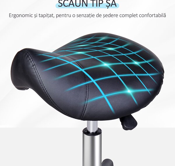 HOMCOM Scaun Rotativ cu Roți, Scaun pentru Coafor și Estetician cu Înălțime Ajustabilă, Tapițat cu Piele Ecologică, 35x38x43-55 cm, Negru