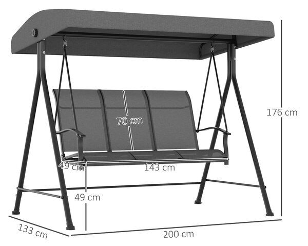 Outsunny Balansoar de Grădină cu 3 Locuri, Copertină Reglabilă și Picioare Anti-alunecare, 195x118x170 cm, Gri Închis | Aosom Romania