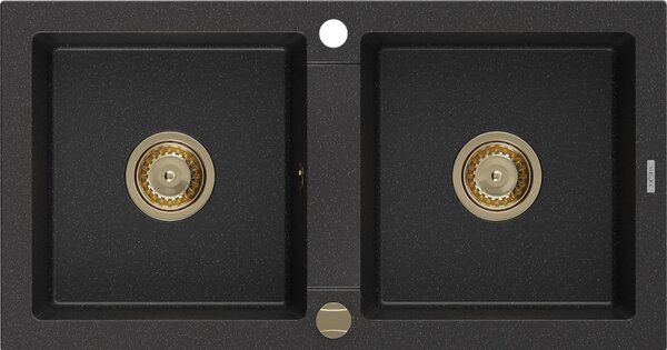 Mexen Mario, chiuveta granit 820x436x161 mm, 2 camere, negru-argintiu metalic cu sifon auriu, 6504822000-73-G