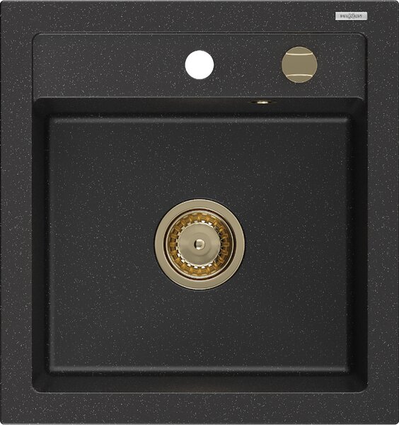 Mexen Vito chiuvetă de granit cu 1 compartiment 520 x 490 mm, Neagră/Argintiu metalic, sifon Auriu - 6503521000-73-G
