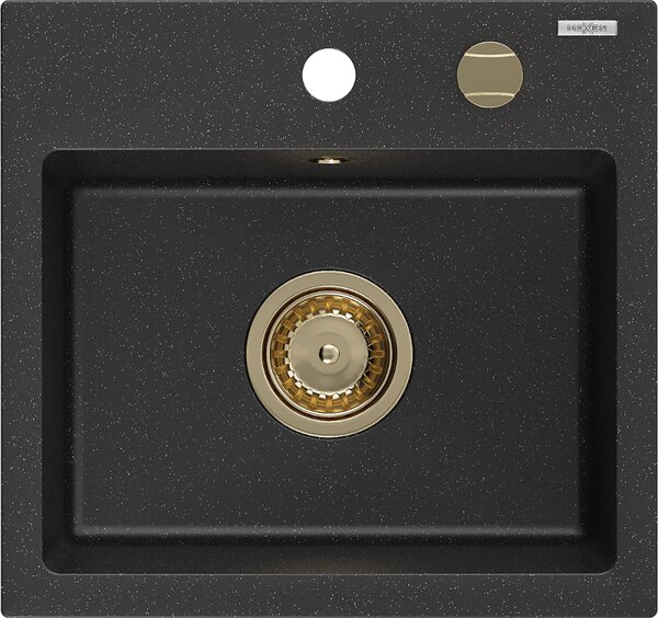 Mexen Milo, chiuveta granit 435x410x171 mm, 1 camera, negru-argintiu metalic cu sifon auriu, 6505441000-73-G