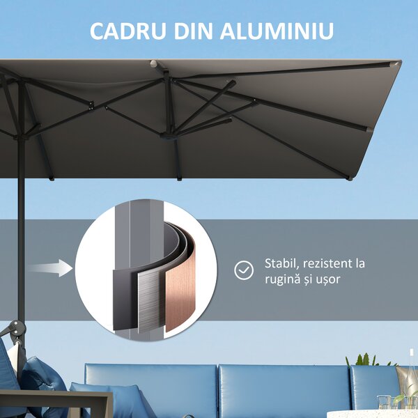 Outsunny Umbrelă Dublă de Grădină cu Manivelă și 12 Spițe din Aluminiu și Poliester, 4.5x2.6 m, Gri Închis | Aosom Romania