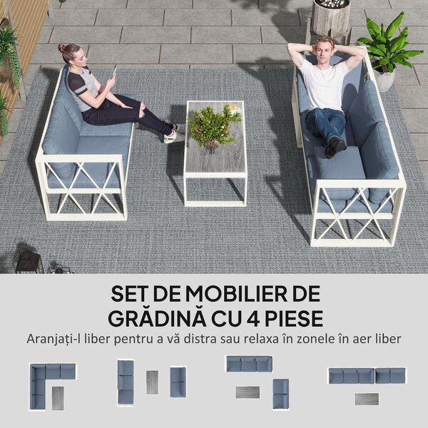 Outsunny Set Mobilier de Grădină din 4 Piese cu 2 Canapele, Fotoliu Reglabil și Măsuță de Cafea, 121x61x62 cm, Gri | Aosom Romania