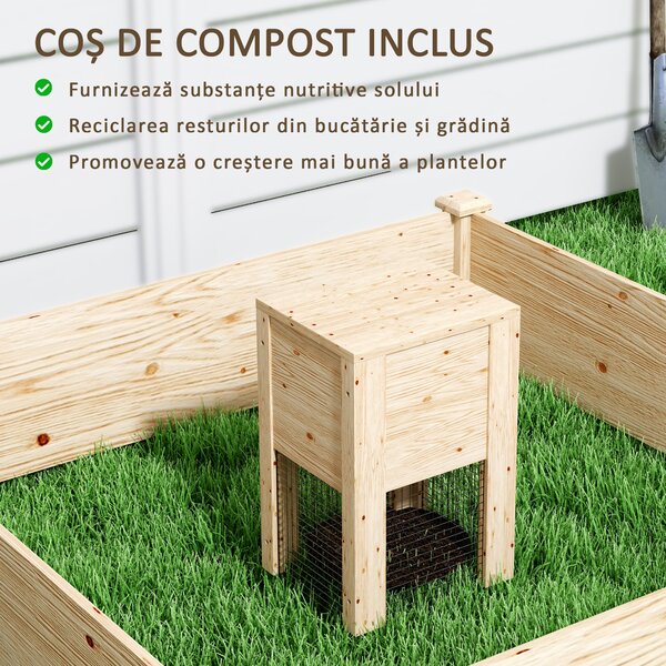 Outsunny Jardinieră de Exterior cu Compostor și Bază Deschisă din Lemn de Brad, 123x123x25,5 cm, Lemn Natural | Aosom Romania