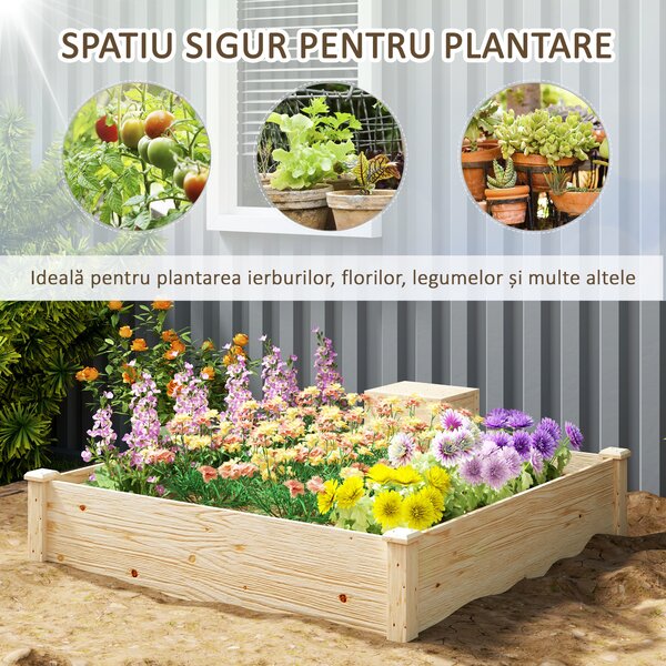 Outsunny Jardinieră de Exterior cu Compostor și Bază Deschisă din Lemn de Brad, 123x123x25,5 cm, Lemn Natural | Aosom Romania