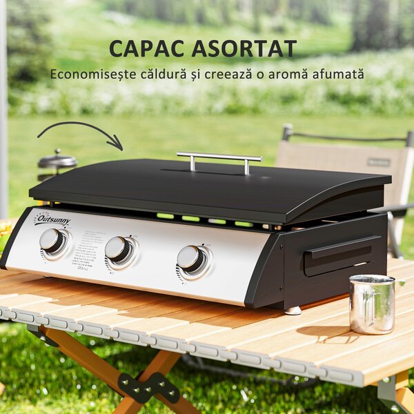 Outsunny Grătar pe Gaz din Oțel cu 3 Arzătoare, Regulator, Furtun și Capac, 63x47x25 cm, Negru | Aosom Romania
