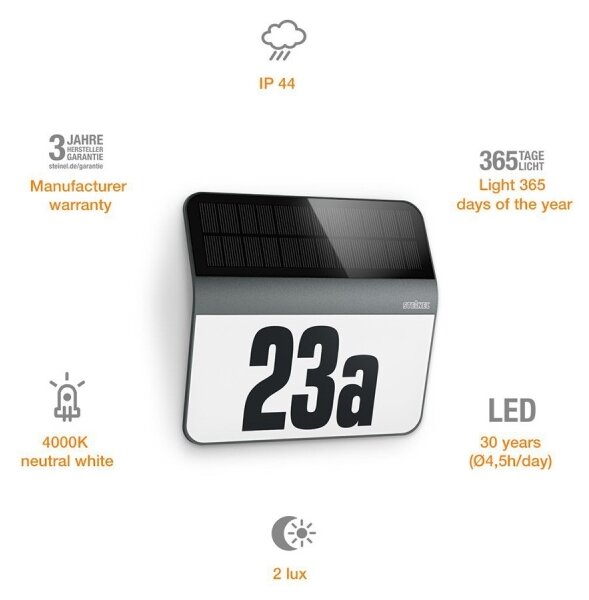 Număr de casă LED solar STEINEL 035730 XSolar LH-N LED/0,03W IP44