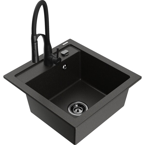 Mexen Vito chiuvetă de granit cu 1 compartiment și baterie de bucătărie Aster, Neagră/Auriu metalic- 6503-75-73450-70-B