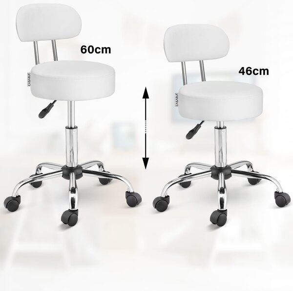 Taburet pe roți cu spătar ROLAND, Ø35cm, alb Casaria