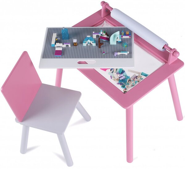 Birou pentru copii Roz cu tabla compatibila cu piese LEGO Clasic, din MDF, cu Scaunel, Rola de desen, Spatiu de depozitare, Blat reversibil