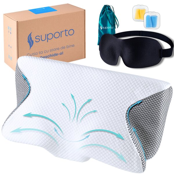 Set Perna Ortopedica Cervicala pentru dormit cu Extensii Negre + Masca de dormit Suporto 3D cu saculet Verde Smarald, pachet pentru ochi obositi si un somn odihnitor