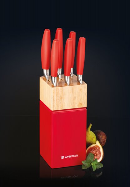 Set cutite, 7 piese, bloc lemn rosu, Ombre