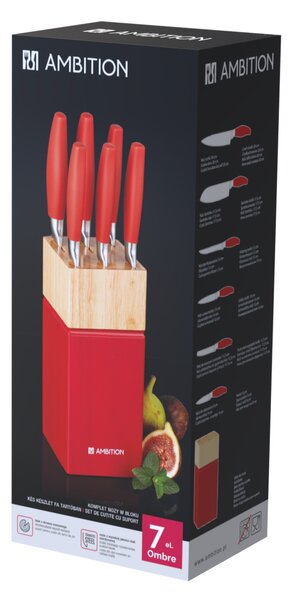 Set cutite, 7 piese, bloc lemn rosu, Ombre