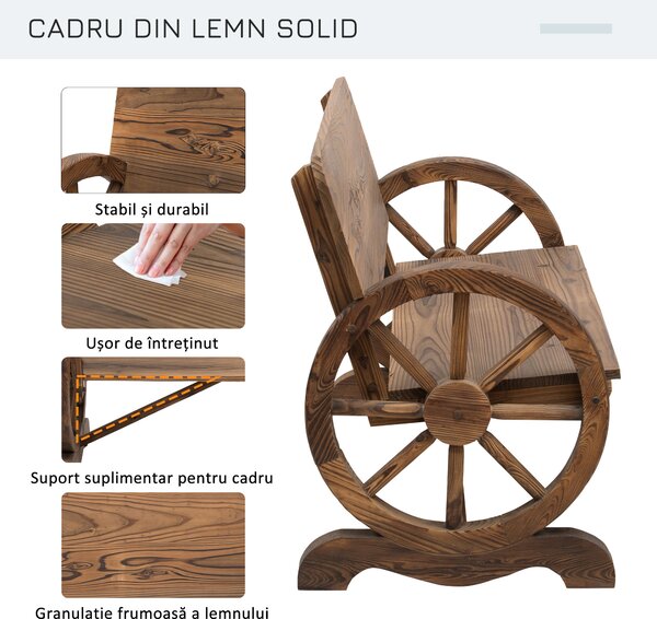Outsunny Banca de Gradina 2 Locuri cu Spatar Inalt, Banca din Lemn de Brad cu Roti de Caruta Laterale, 114x58x80 cm, Maro Carbonizat