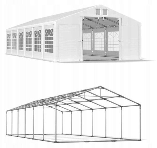 Cort evenimente, pavilion 12x6x3.7 m, PVC ignifugat, suprafata 72 mp, 12 ferestre, cadru otel galvanizat, alb