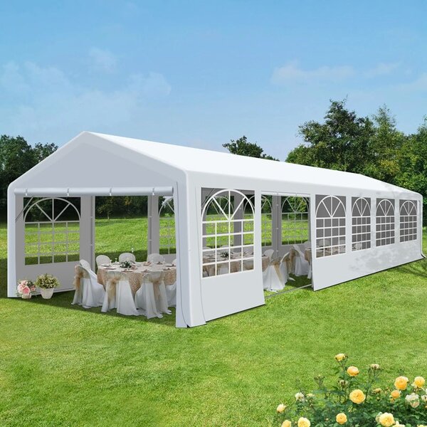 Cort evenimente, pavilion 12x6x3.7 m, PVC ignifugat, suprafata 72 mp, 12 ferestre, cadru otel galvanizat, alb