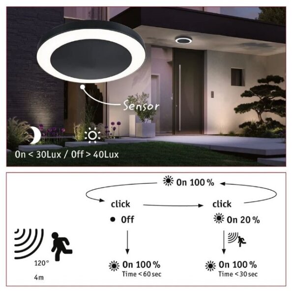 Plafonieră de exterior cu senzor LED/14W IP44 CIRCULA 230V Paulmann 94526