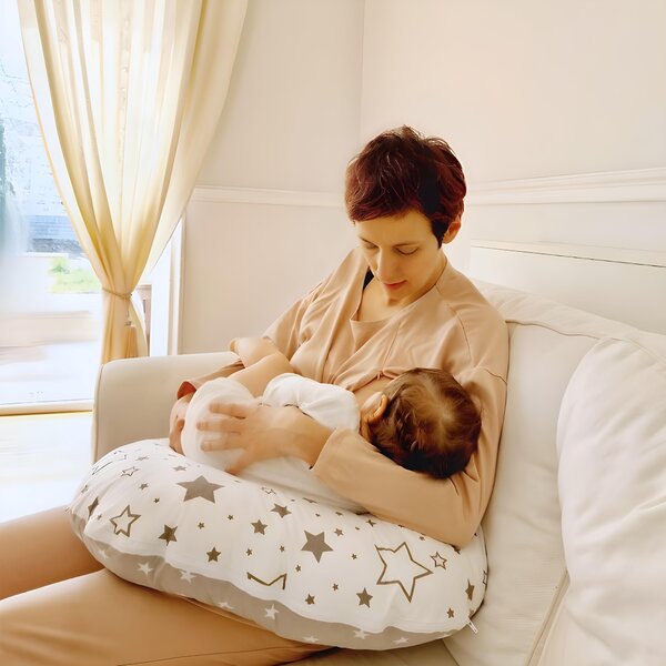 Perna pentru alaptare multifunctionala 3 in 1 Kidizi Celia Mint Feathers, poate fi utilizat ca si suport tummy time si fotoliu bebe