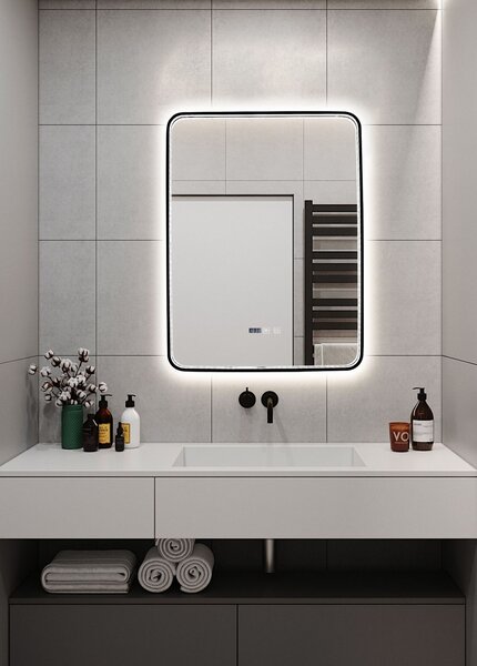 Oglindă Baie LED și Dezaburire Elit's Premium cu Senzor Touch, Lumina Rece, Caldă și Neutră, 60x80cm, cu rama Negru Antichizat