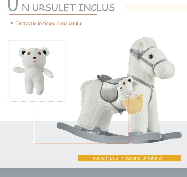 HOMCOM Căluț Balansoar din Pluș și Lemn cu Sunete, Ursuleț de Pluș Inclus pentru Copii 18-36 Luni, Alb, 65x26x55 cm | Aosom Romania