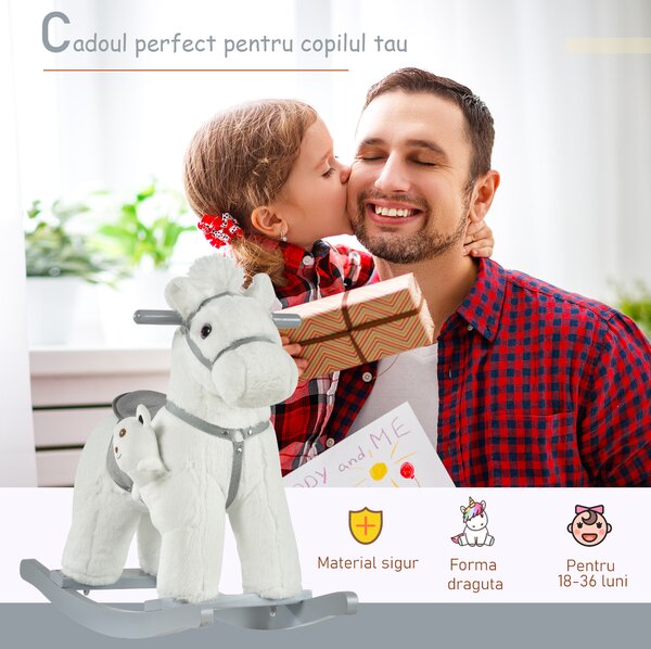 HOMCOM Căluț Balansoar din Pluș și Lemn cu Sunete, Ursuleț de Pluș Inclus pentru Copii 18-36 Luni, Alb, 65x26x55 cm | Aosom Romania