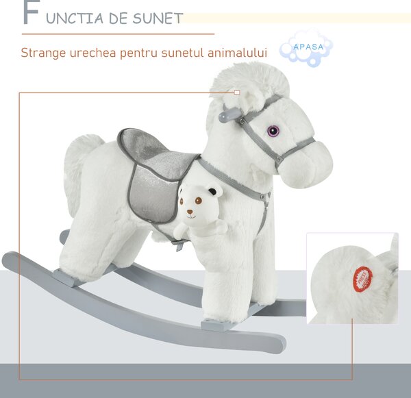HOMCOM Căluț Balansoar din Pluș și Lemn cu Sunete, Ursuleț de Pluș Inclus pentru Copii 18-36 Luni, Alb, 65x26x55 cm | Aosom Romania