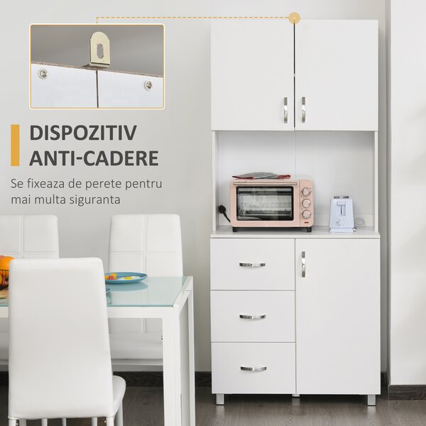 HOMCOM Bufet Modern din Lemn Alb cu 2 Dulapioare, Polite Reglabile, 1 Raft Deschis si 3 Sertare, 80x39,5x183,5cm | Aosom Romania