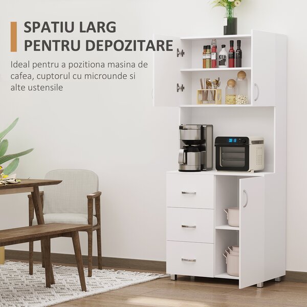 HOMCOM Bufet Modern din Lemn Alb cu 2 Dulapioare, Polite Reglabile, 1 Raft Deschis si 3 Sertare, 80x39,5x183,5cm | Aosom Romania