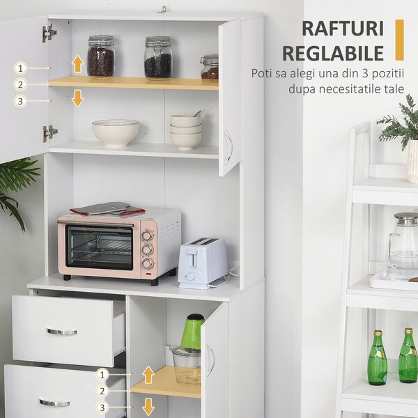 HOMCOM Bufet Modern din Lemn Alb cu 2 Dulapioare, Polite Reglabile, 1 Raft Deschis si 3 Sertare, 80x39,5x183,5cm | Aosom Romania